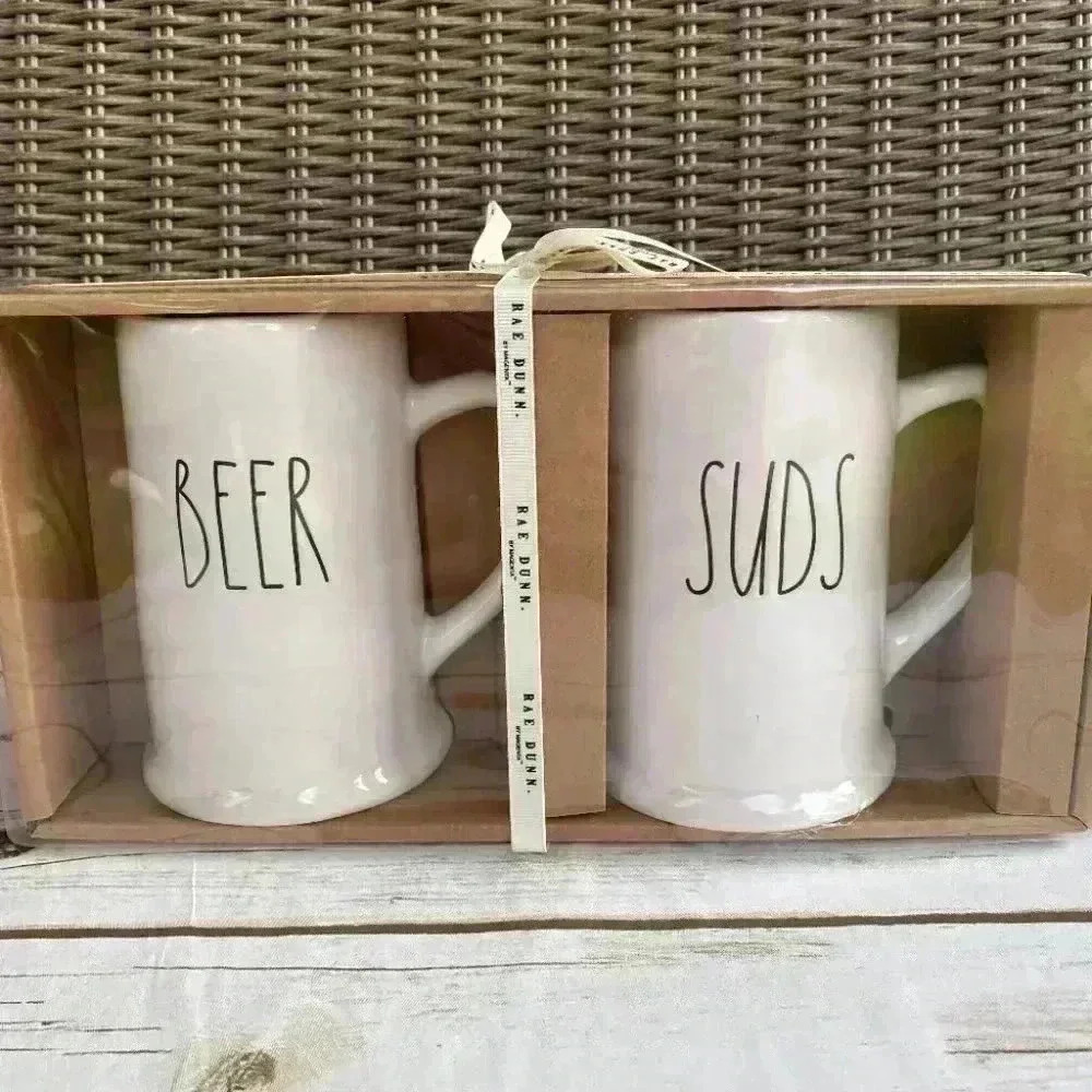 NEW SET of 2 Rae Dunn - BEER & SUDS -  White Ceramic Beer Steins/Mugs - SET of 2